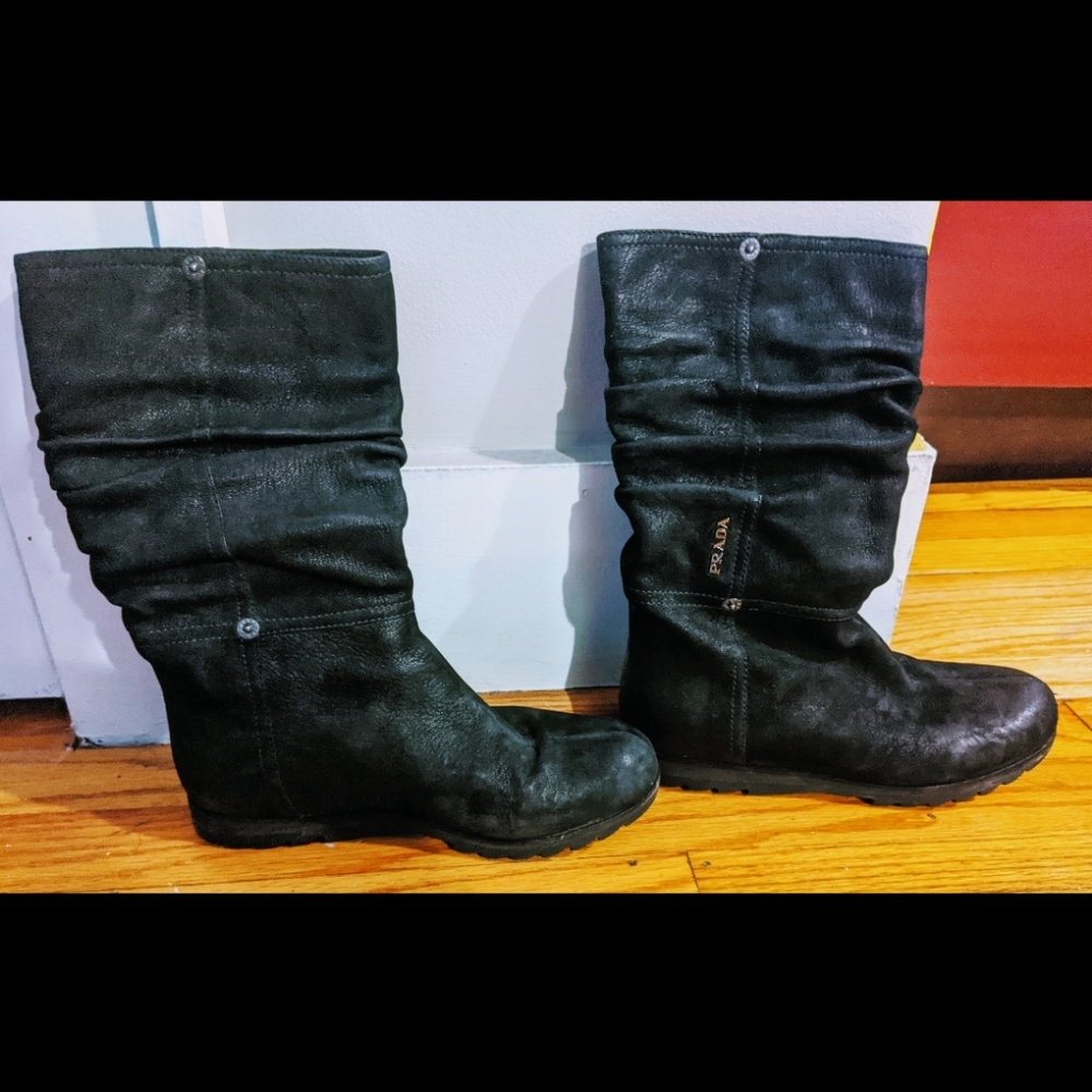 Prada black oiled leather slouch boot